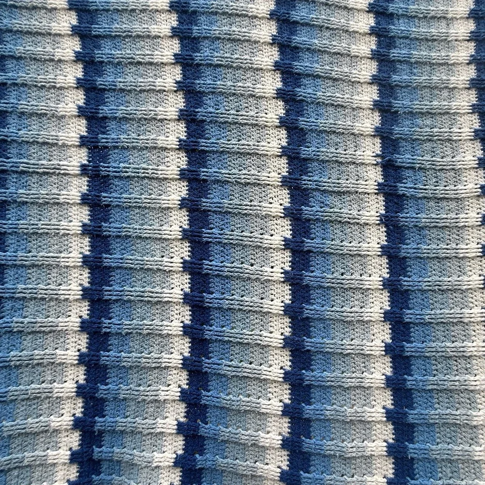 Handmade Crochet Afghan 90x53 Blue White Textured Striped Large Blanket Throw